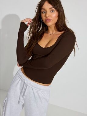Garage Scoop Neck Long Sleeve Top - Chocolate Brown